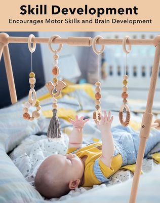 2407Frame Activity Gym Hanging Bar Infant Toys Wooden Baby Gym with 4 Toys in Your Color