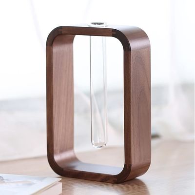 Garden Plant Decor Transparent Glass Vase Plant Holder Small Size Walnut Rectangle Wood Frame Flower Stand Table