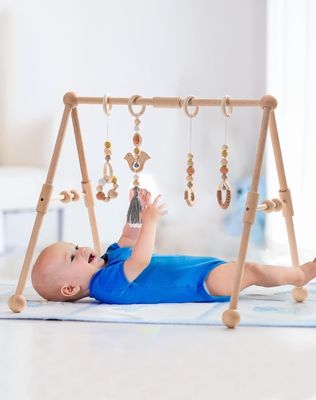 2407Frame Activity Gym Hanging Bar Infant Toys Wooden Baby Gym with 4 Toys in Your Color