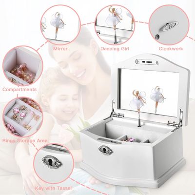 Medium White Wooden Ballerina Jewelry Box With Mirror For Personalized Organization