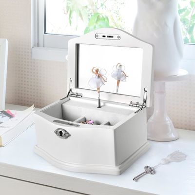 Medium White Wooden Ballerina Jewelry Box With Mirror For Personalized Organization