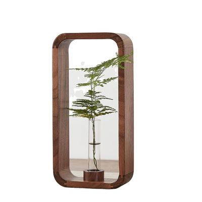 202405 Transparent Glass Vase Plant Holder with Walnut Wood Frame A Stunning Decor Piece