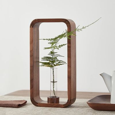 202405 Transparent Glass Vase Plant Holder with Walnut Wood Frame A Stunning Decor Piece