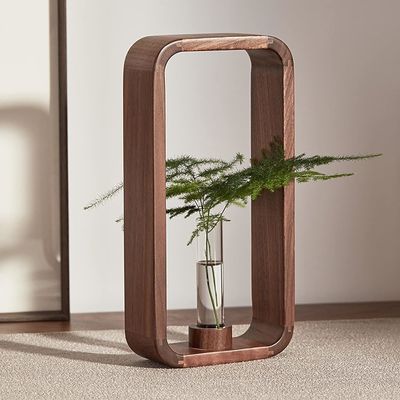 202405 Transparent Glass Vase Plant Holder with Walnut Wood Frame A Stunning Decor Piece