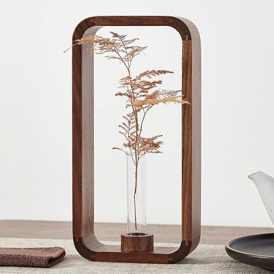 202405 Transparent Glass Vase Plant Holder with Walnut Wood Frame A Stunning Decor Piece