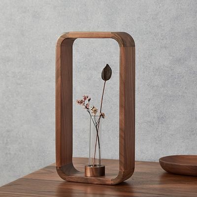 202405 Transparent Glass Vase Plant Holder with Walnut Wood Frame A Stunning Decor Piece