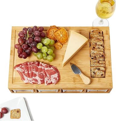 Rectangle Bamboo Cutting Board with 4 Container Tray Kitchen Wooden Chopping Board