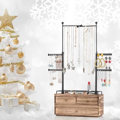 Plain Wooden Box Custom 6 Tier Jewelry Tree Stand with 2 Layer Jewelry Drawer Storage