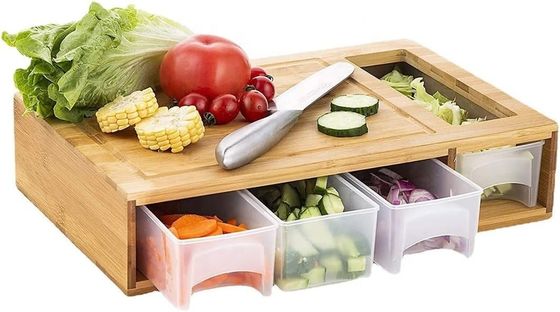 Rectangle Bamboo Cutting Board with 4 Container Tray Kitchen Wooden Chopping Board