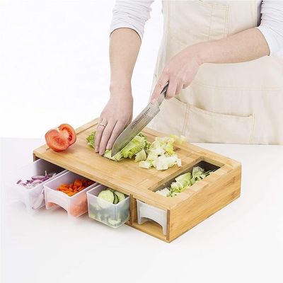 Rectangle Bamboo Cutting Board with 4 Container Tray Kitchen Wooden Chopping Board