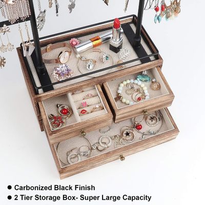 Plain Wooden Box Custom 6 Tier Jewelry Tree Stand with 2 Layer Jewelry Drawer Storage