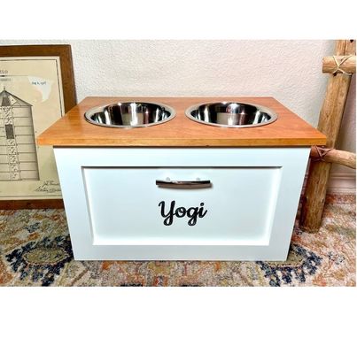 Small Pets Animals Feeding Station Age Pet 2 Bowl Raised Elevated Dog Feeder with Drawer
