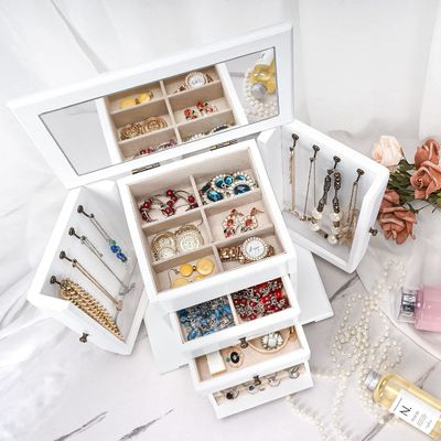 Custom Logo Rustic Weathered White Jewelry Packaging 4 Layer Wooden Jewelry Boxes