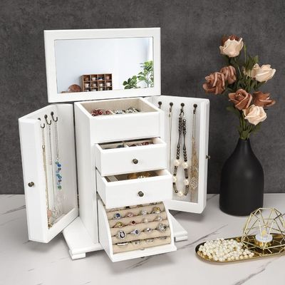 Custom Logo Rustic Weathered White Jewelry Packaging 4 Layer Wooden Jewelry Boxes