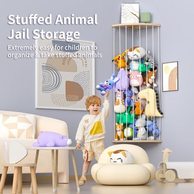 Living Room Custom Size Zoo Pattern Stuffed Animal Storage Shelf with Wood Organizer Cage
