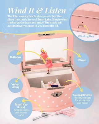 Handmade Swan Lake Wind-Up Music Box for Girls and Teens Rectangle Jewelry Organizer