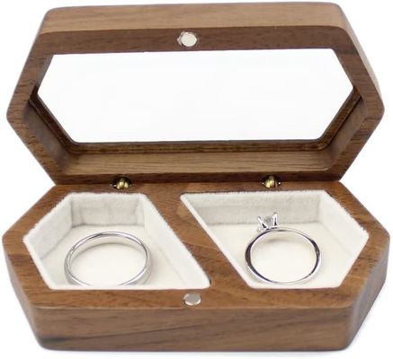 Handmade Couple Rings Box with White Velvet Transparent Lid and Burned Printing