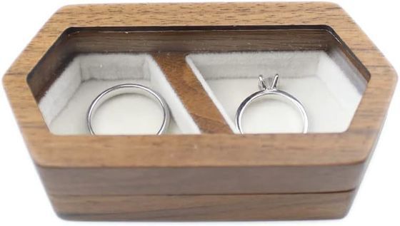 Handmade Couple Rings Box with White Velvet Transparent Lid and Burned Printing