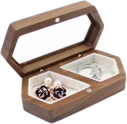 Handmade Couple Rings Box with White Velvet Transparent Lid and Burned Printing