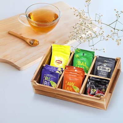 6 Compartment TIMBER Wood Tea Bag Chest for Gift Package and Sugar Packet Organizer
