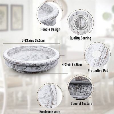Customizable 13 Inch Wooden Round Tray with Distressed Finish and Lazy Susan Turntable