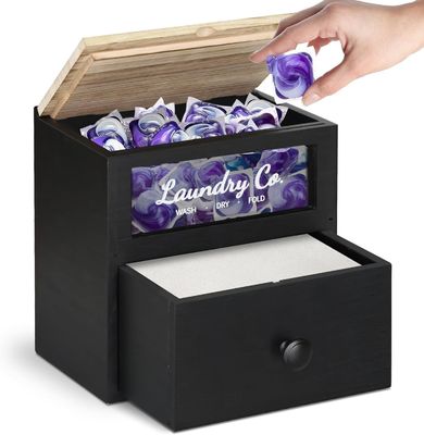 MDF Wood Customized Solid Wood Dryer Sheet Holder Laundry Pods Container Storage Box