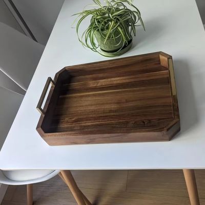 Kitchen Restaurant Wooden Serving Tray with Gold Polished Metal Handles Walnut