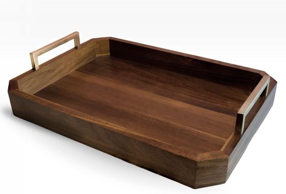 Kitchen Restaurant Wooden Serving Tray with Gold Polished Metal Handles Walnut