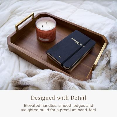 Kitchen Restaurant Wooden Serving Tray with Gold Polished Metal Handles Walnut
