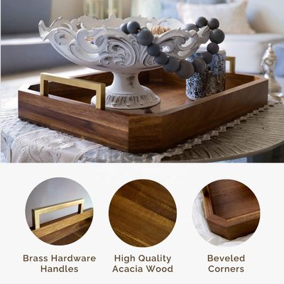 Kitchen Restaurant Wooden Serving Tray with Gold Polished Metal Handles Walnut