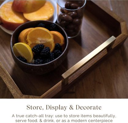 Kitchen Restaurant Wooden Serving Tray with Gold Polished Metal Handles Walnut