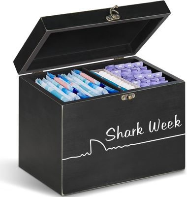 Shark Week Tampon Storage Box with Tray Lid Wood Carved Feminine Product Organizer