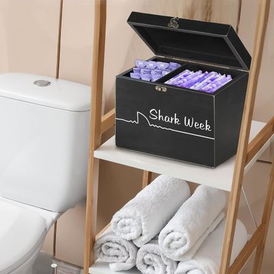 Shark Week Tampon Storage Box with Tray Lid Wood Carved Feminine Product Organizer