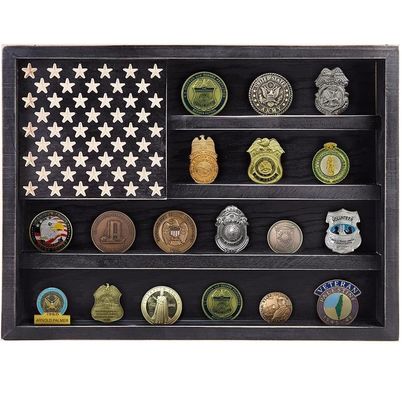 Government Military Challenge Coin Rack Display with Wooden American Flag Wall Decor