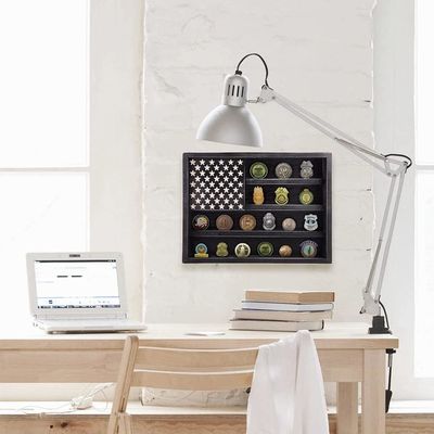 Government Military Challenge Coin Rack Display with Wooden American Flag Wall Decor