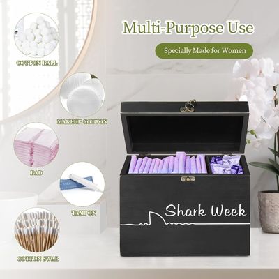 Shark Week Tampon Storage Box with Tray Lid Wood Carved Feminine Product Organizer