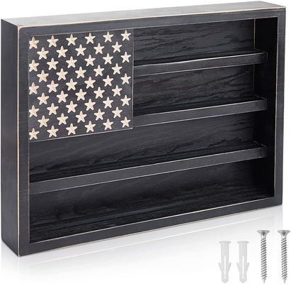 Government Military Challenge Coin Rack Display with Wooden American Flag Wall Decor