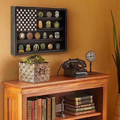 Government Military Challenge Coin Rack Display with Wooden American Flag Wall Decor