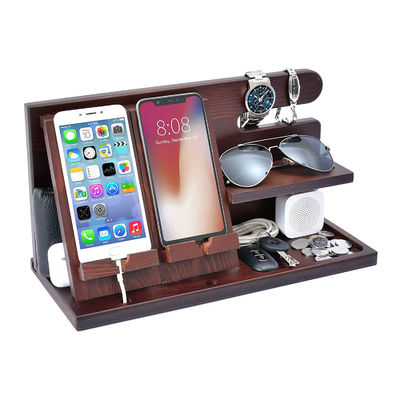 Customized Logo Wooden Phone Stand Organizer for Men Wallet Watch Docking Station