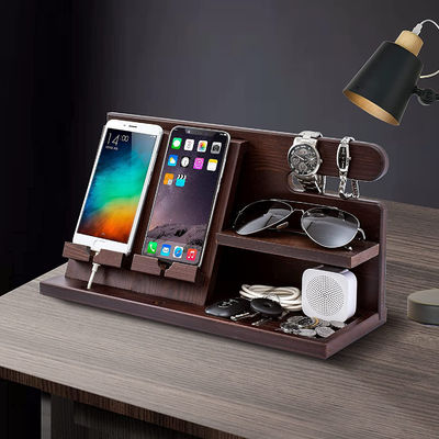 Customized Logo Wooden Phone Stand Organizer for Men Wallet Watch Docking Station