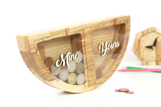 Personalized Wooden Piggy Bank MINE YOURS Design Save Money in a Fun and Creative Way