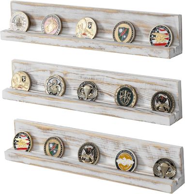 Wall Mounted White Washed Solid Wood Challenge Coin Holder Three-layer Wood Handicraft