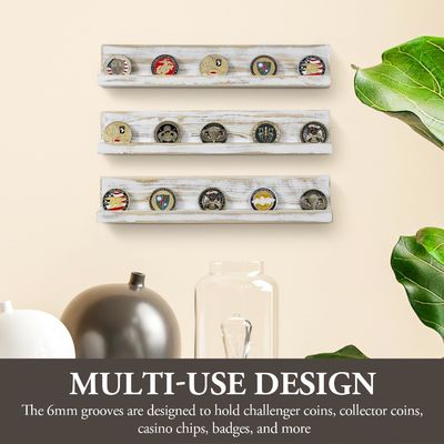 Wall Mounted White Washed Solid Wood Challenge Coin Holder Three-layer Wood Handicraft
