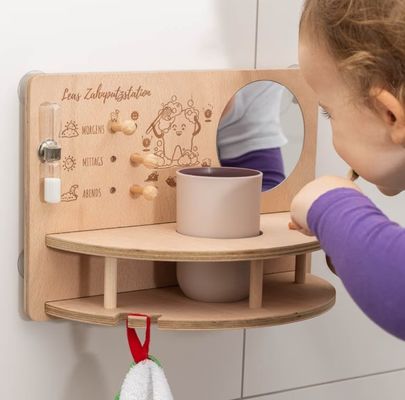 Love Theme Children Tooth Brushing Station with Wooden Framed Mirror and Space-saving