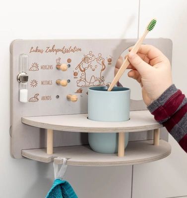 Love Theme Children Tooth Brushing Station with Wooden Framed Mirror and Space-saving