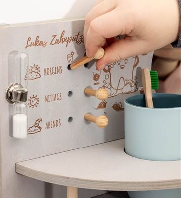 Love Theme Children Tooth Brushing Station with Wooden Framed Mirror and Space-saving