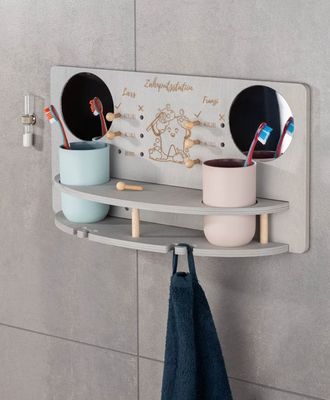 Love Theme Children Tooth Brushing Station with Wooden Framed Mirror and Space-saving