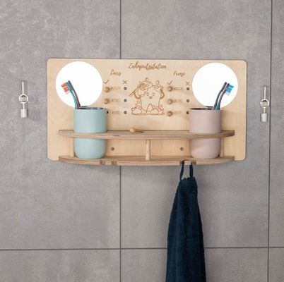 Love Theme Children Tooth Brushing Station with Wooden Framed Mirror and Space-saving