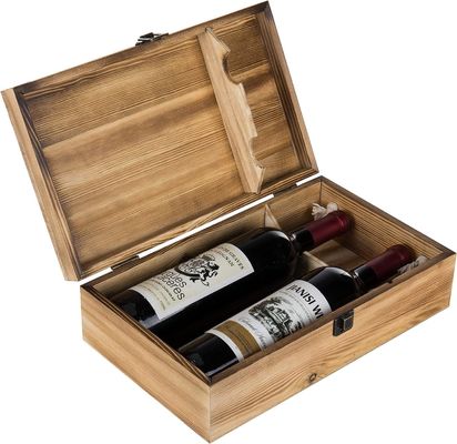 Environmental Rustic Torched Wood Double Bottle Wine Gift Boxes With Lid Customizable
