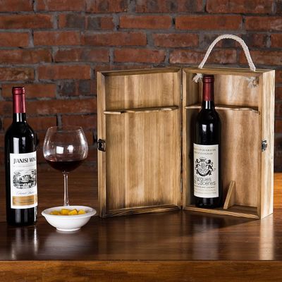 Environmental Rustic Torched Wood Double Bottle Wine Gift Boxes With Lid Customizable